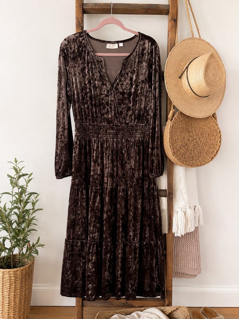 Belle Boho by Kim Gravel Brown Crushed Velvet Tiered Maxi Dress M